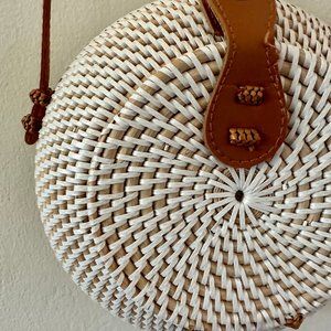 Authentic Bali Handwoven Round Rattan Straw Bag with Strap